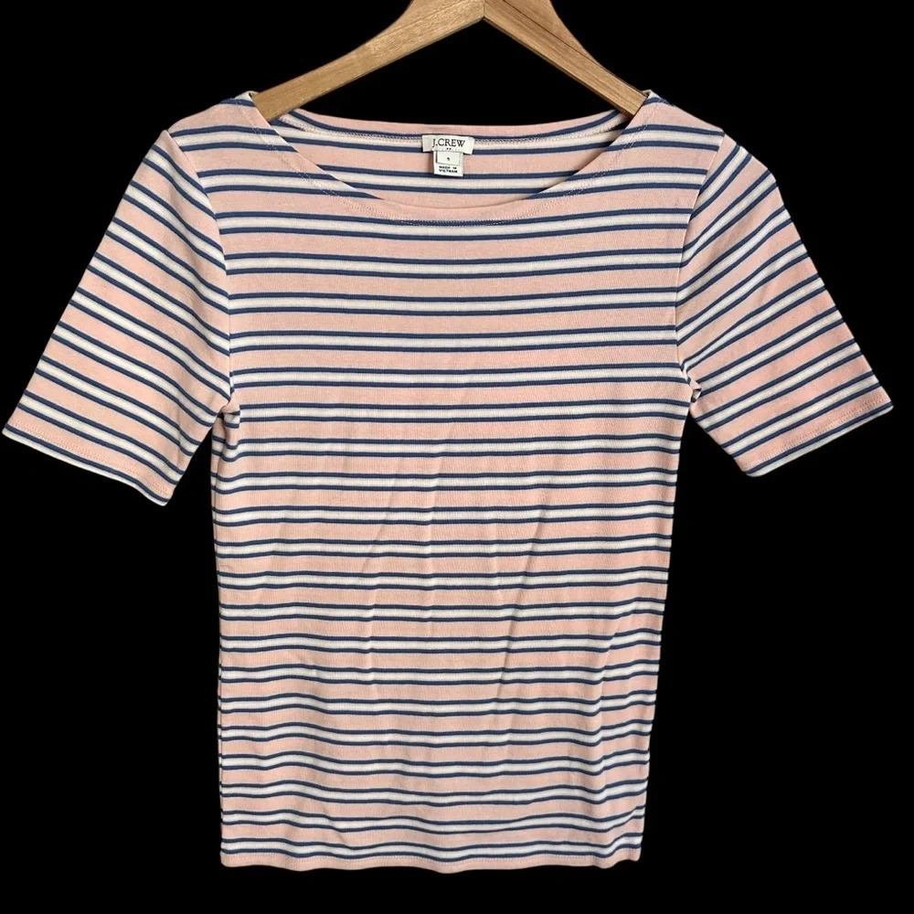 J Crew Factory Size small Pink Blue Striped Boatneck Short Sleeve Tee Top Knit S